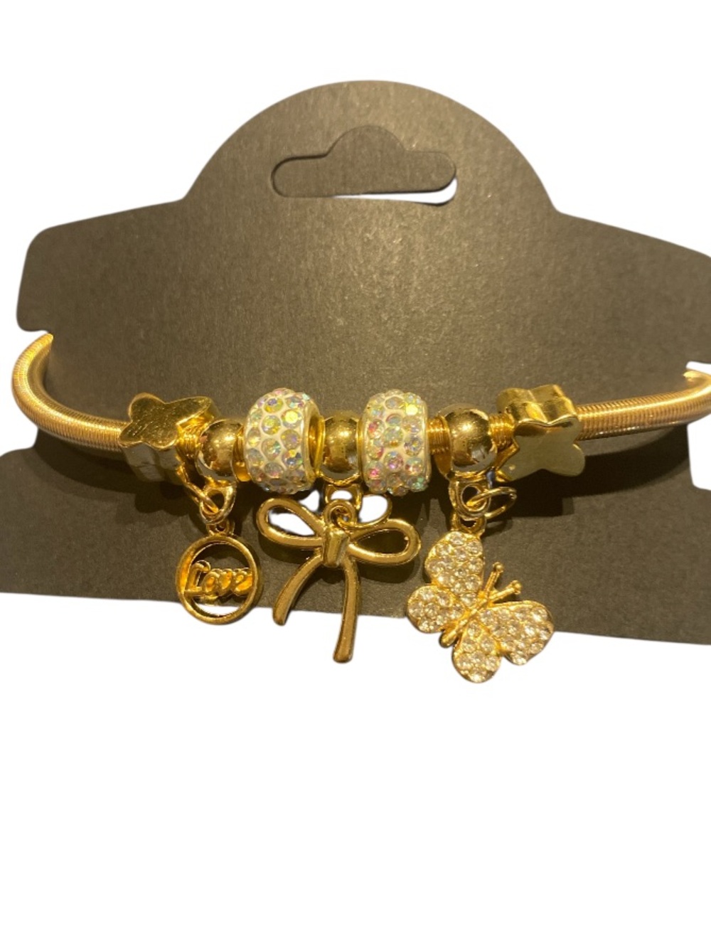 Gold-Tone Butterfly & Bow Charm Bracelet with Crystal Beads